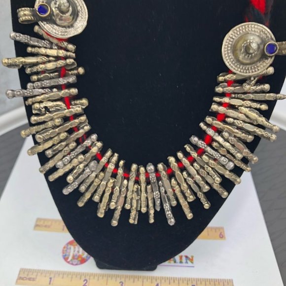Red Handmade Metal Choker Necklace, Spikes Choker Antique Necklace, Kuchi Tribal - Picture 7 of 9